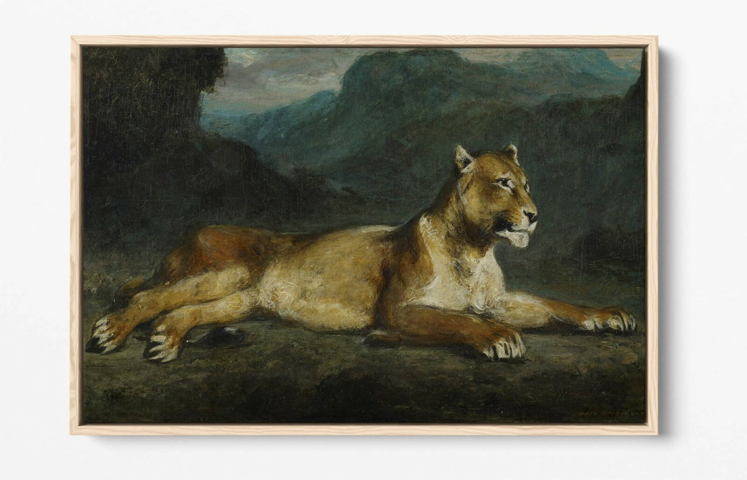EUGENE DELACROIX, LIONESS RECLINING -FLOAT EFFECT CANVAS ART PRINT
