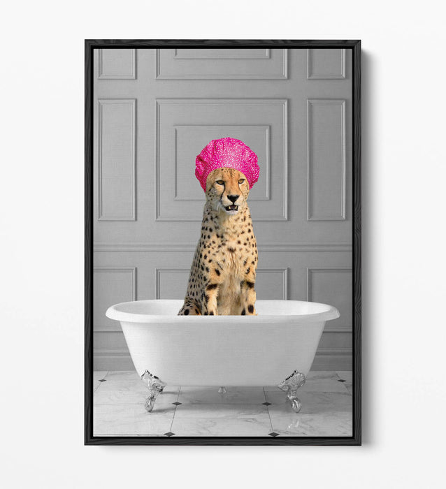 FUNNY CHEETAH IN BATHTUB -QUIRKY BATHROOM FLOAT EFFECT CANVAS WALL ART PIC PRINT