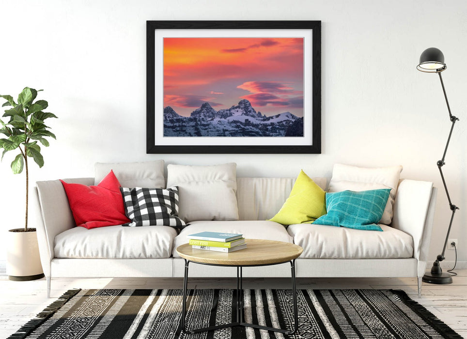 Framed Art Poster - Snowy Mountain Wall Art With Pink Orange Sky Print