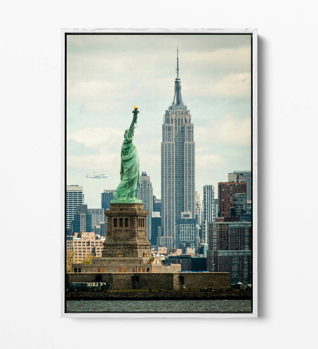 Float Effect Canvas Art - NYC Statue Of Liberty & Empire State Premium Print