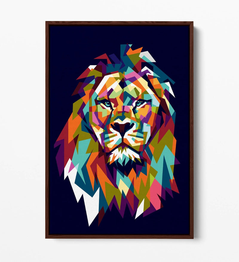 Lion Head Canvas Art - Multi Colour Geometric Wall Decor With Float Effect Frame
