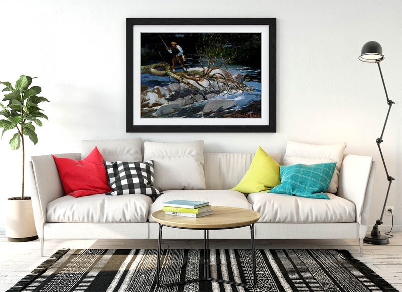 Framed Wall Art Poster - George Benjamin Luks Trout Fishing Print With Woodgrain Frame