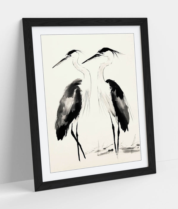 Framed Wall Art | Two Heron Birds Oriental Ink Style Poster Print - Handmade Decor