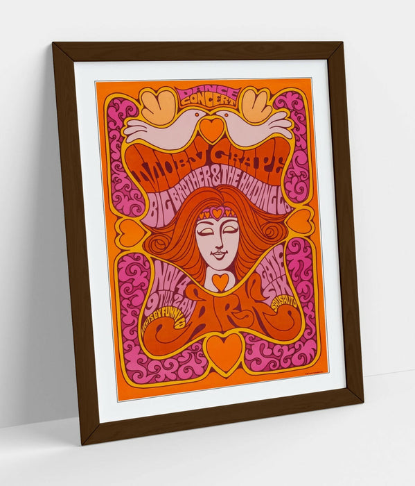 Vintage Music Poster – Psychedelic Wall Art With Woodgrain Frame & Archival Ink Print