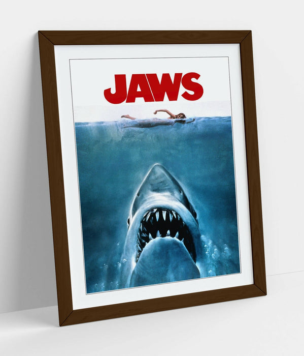 Vintage Jaws Poster - Framed Movie Poster With Woodgrain Frame Art & Matte Paper Print