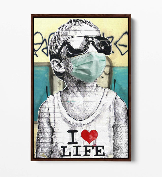 BANKSY I HEART LIFE BOY MASK -FLOAT EFFECT CANVAS WALL ART PIC PRINT- BLUE GREY