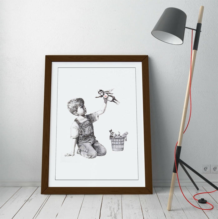 BANKSY SUPER HERO NURSE -ART FRAMED POSTER PICTURE PRINT ARTWORK- GREY