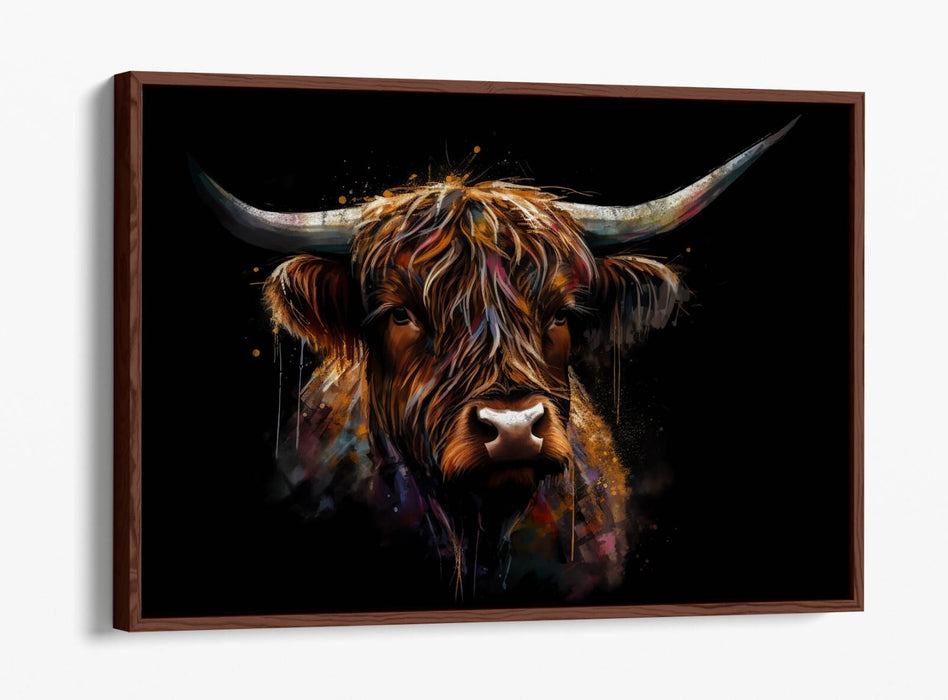 Highland Cow Canvas - Float Effect Canvas Wall Art With Black Background Print