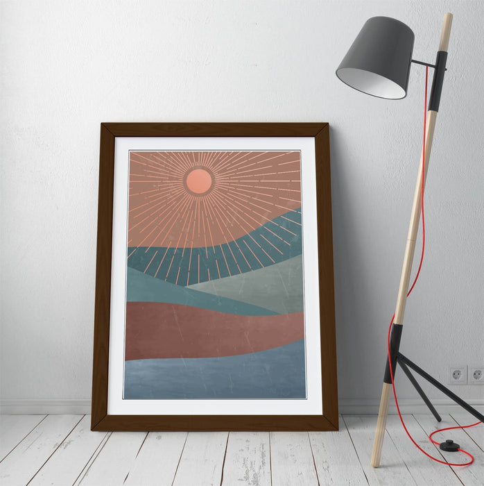 Framed Wall Art Abstract Sun Rays Mountain Art Print – Matte Paper Poster, Ready to Hang