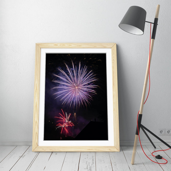 Framed Wall Art – Purple Fireworks Print On Matte Paper Poster | UK Made Frame