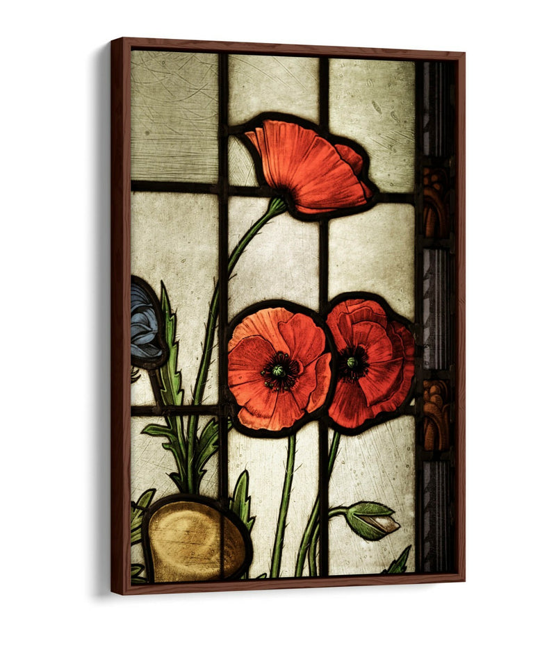 Float Effect Canvas Art - Stained Glass Poppies, Red Beige Wall Decor, Handmade UK