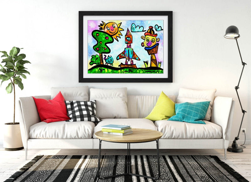 Kids Bedroom Art - Colorful Framed Poster Print With Wood Grain Frame