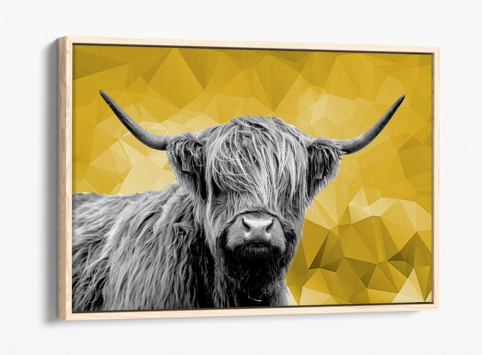 HIGHLAND COW MUSTARD YELLOW GEOMETRIC -FLOAT EFFECT CANVAS WALL ART PIC PRINT-