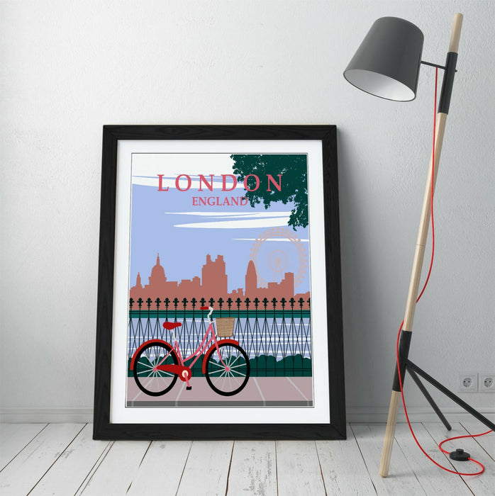 RETRO LONDON ENGLAND TRAVEL POSTER -FRAMED WALL ART PICTURE PRINT- PINK GREEN