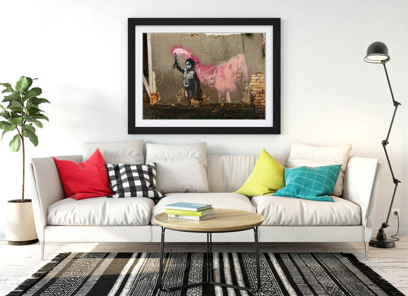 Banksy Wall Art – Handmade UK Framed Graffiti Poster Print With Woodgrain Frame