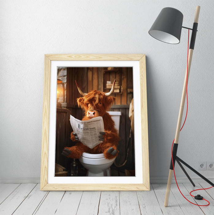 Highland Cow Wall Art – Framed Bathroom Decor Poster With Rustic Wood Frame