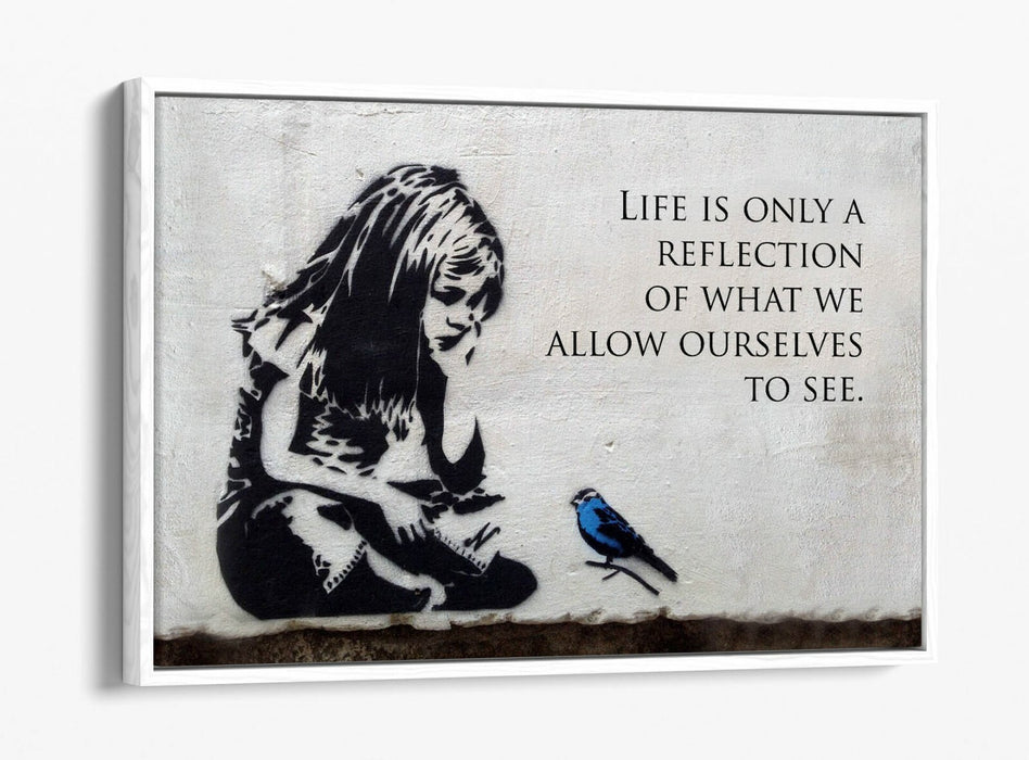 BANKSY LITTLE GIRL BLUE BIRD QUOTE -FLOAT EFFECT CANVAS WALL ART PIC PRINT-