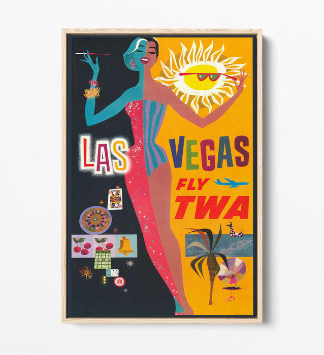 RETRO LAS VEGAS TRAVEL POSTER -FLOAT EFFECT CANVAS ART PRINT- YELLOW BLACK PINK
