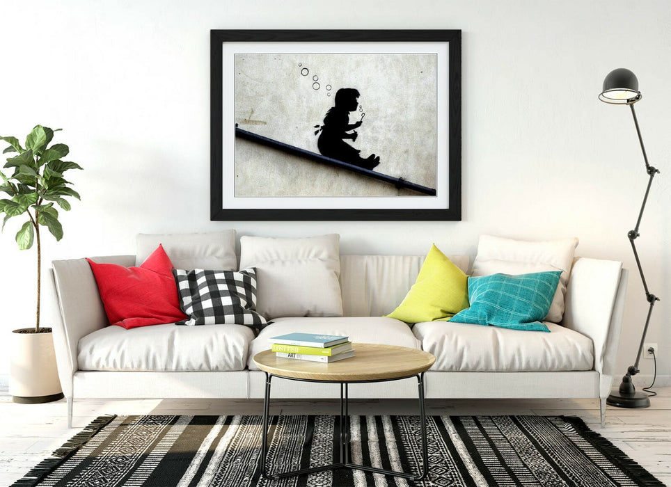 BANKSY GIRL SLIDE -ART FRAMED POSTER PICTURE PRINT ARTWORK- BLACK & WHITE