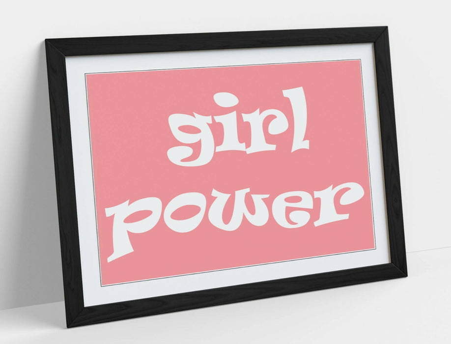 "GIRL POWER" GROOVY FEMINIST QUOTE 2 -FRAMED WALL ART PICTURE PRINT- PINK WHITE