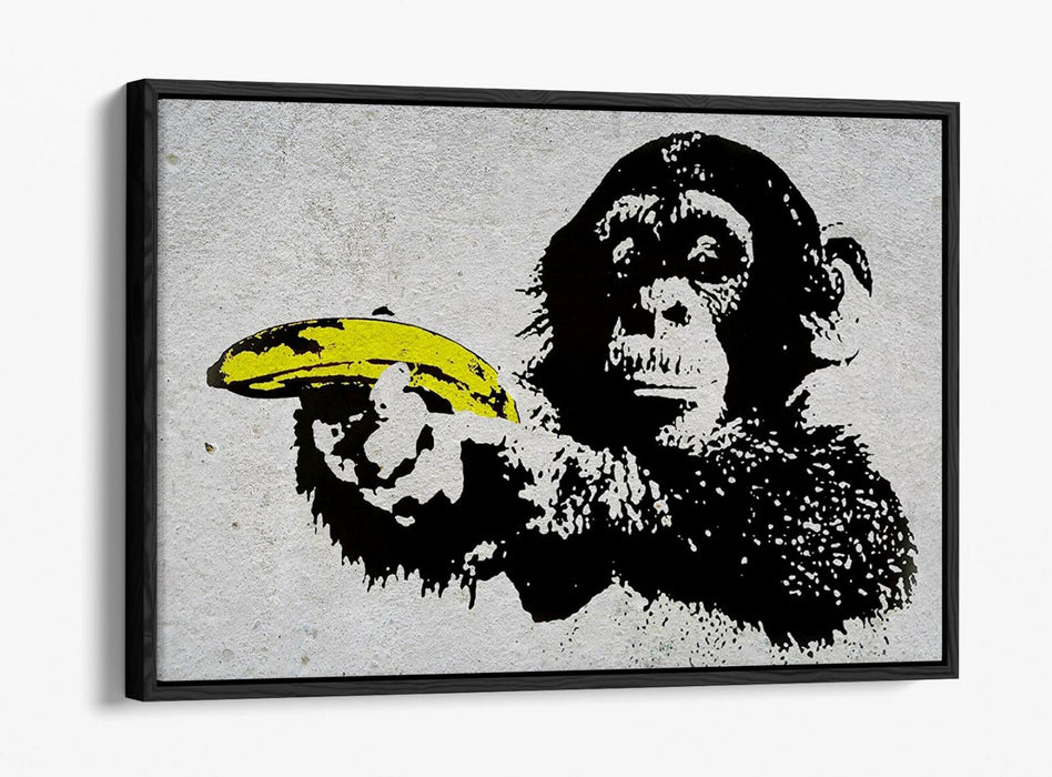BANKSY MONKEY BANANA GUN -FLOAT EFFECT CANVAS WALL ART PIC PRINT- YELLOW BLACK