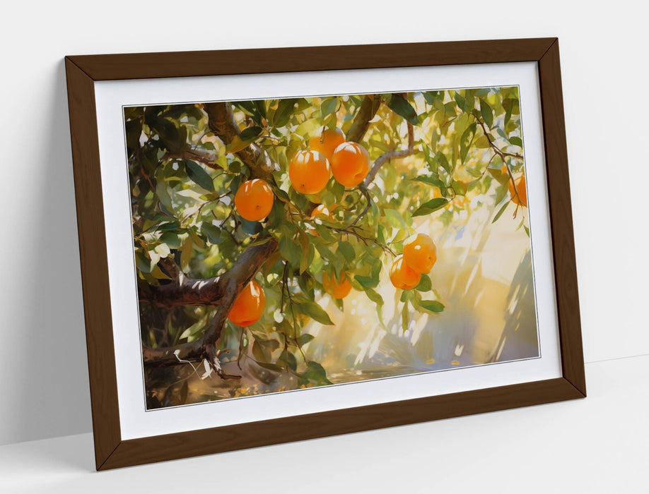 Orange Tree Wall Art - Framed Botanical Poster Print With Woodgrain Frame