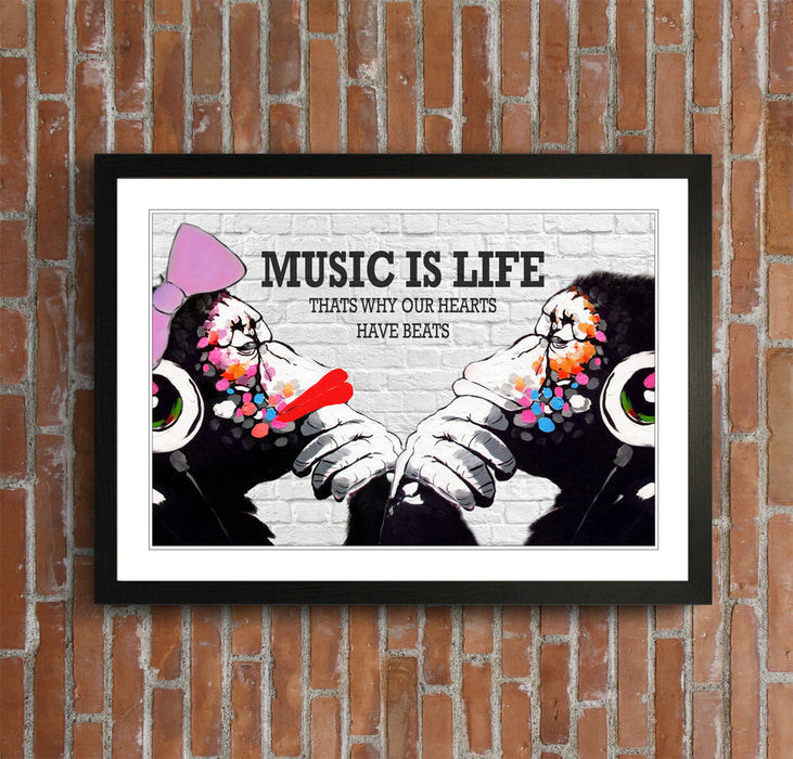 MONKEY DJ BANKSY MUSIC IS LIFE STREET WALL FRAMED ART PRINT ARTWORK 4 SIZES