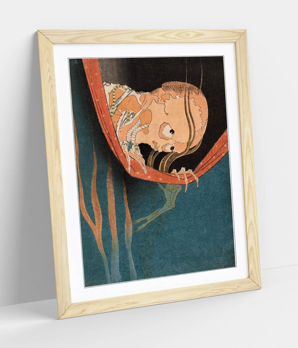 Framed Wall Art Featuring Katsushika Hokusai Ghost of Kohada Koeji Poster Print – Handmade Wood Grain Frame