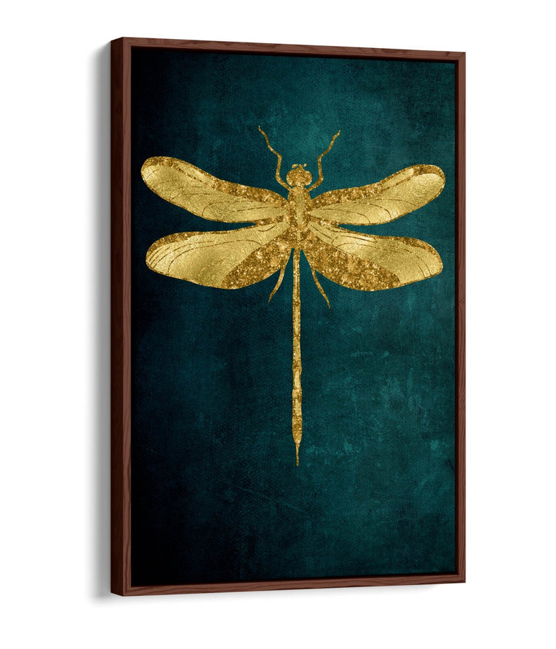 Canvas Wall Art – Gold Dragonfly On Dark Teal Background | Float Effect Print