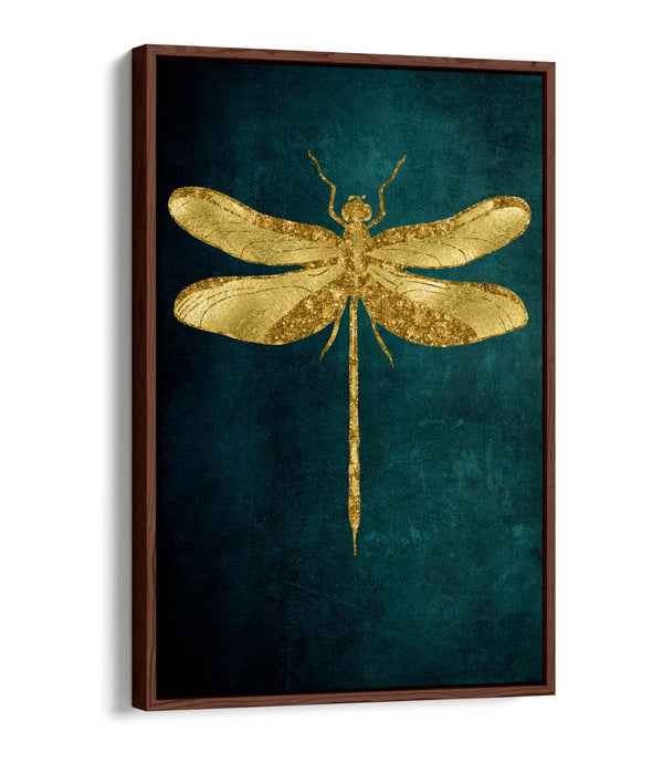 Canvas Wall Art – Gold Dragonfly On Dark Teal Background | Float Effect Print