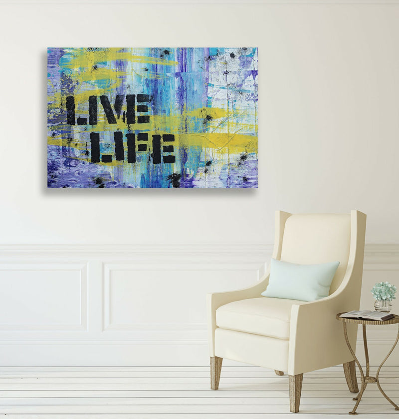 Graffiti Canvas Wall Art – Live Life Quote Blue Yellow Urban Decor Print
