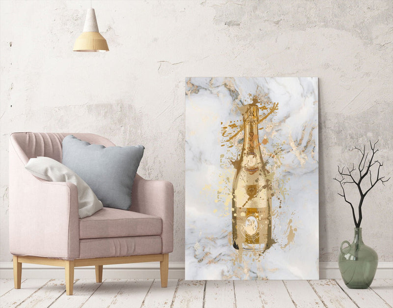 Canvas Wall Art – Marble Champagne Bottle Print | Deep Framed Handmade Artwork