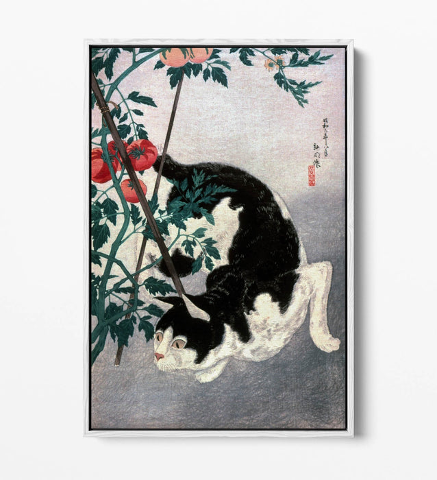 Canvas Wall Art | Handmade Cat With Tomato Plant Print - Float Effect, Premium Frame
