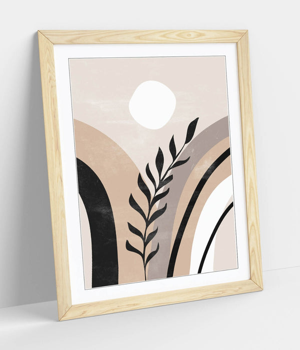 Boho Framed Wall Art – Abstract Home Art with Natural Wood Frame, Ready to Hang