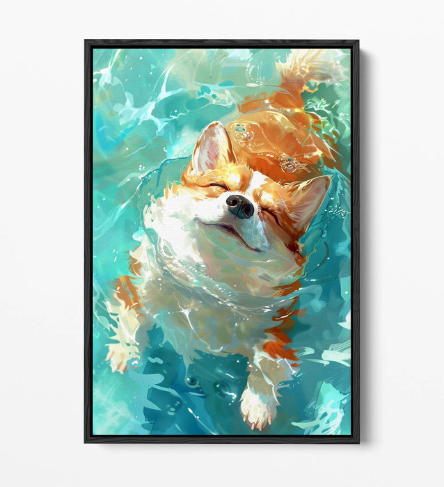 Corgi Canvas Art – Cute Smiling Dog Wall Decor with Water Float Effect Frame