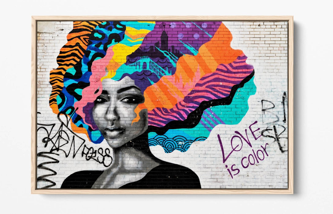 Canvas Wall Art – Black Woman Print With Colourful Hair | Float Effect Canvas