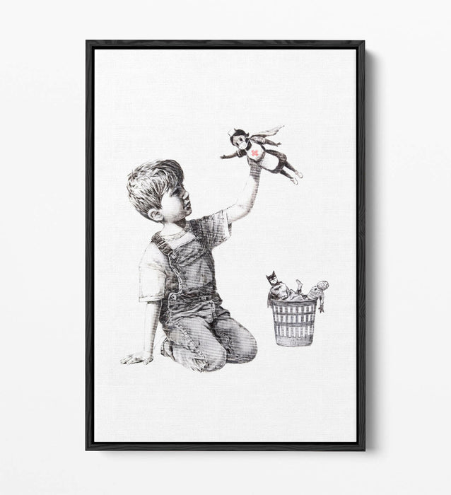BANKSY SUPER HERO NURSE -FLOAT EFFECT CANVAS WALL ART PIC PRINT- GREY