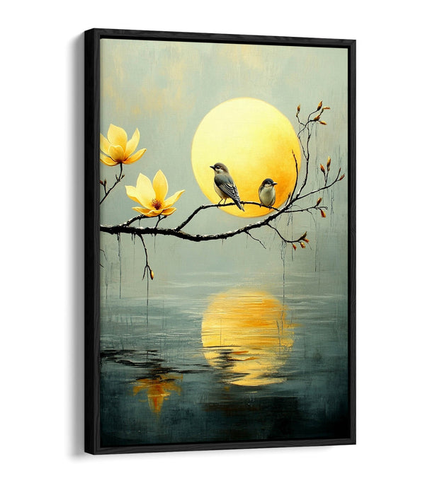 Canvas Wall Art - Perched Birds Artwork On Tree With Water Reflection | Float Effect