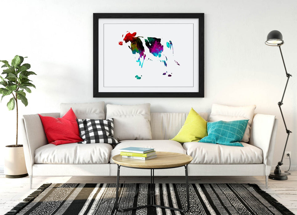 MULTI COLOUR POP ART COW WHITE BACKGROUND -FRAMED ART POSTER PICTURE PRINT