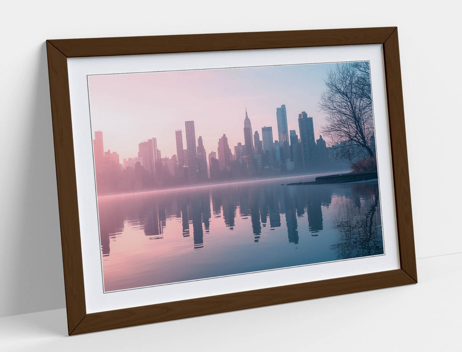 City Skyline Wall Art – Framed Urban River Reflection Poster Print with Woodgrain Frame