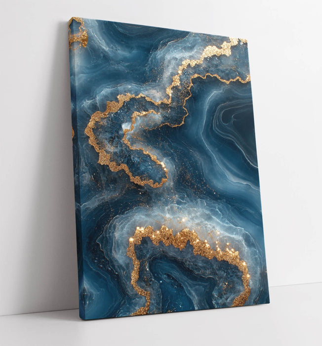 Canvas Wall Art | Gold Blue Abstract Sea Water Style Artwork Print - Handmade