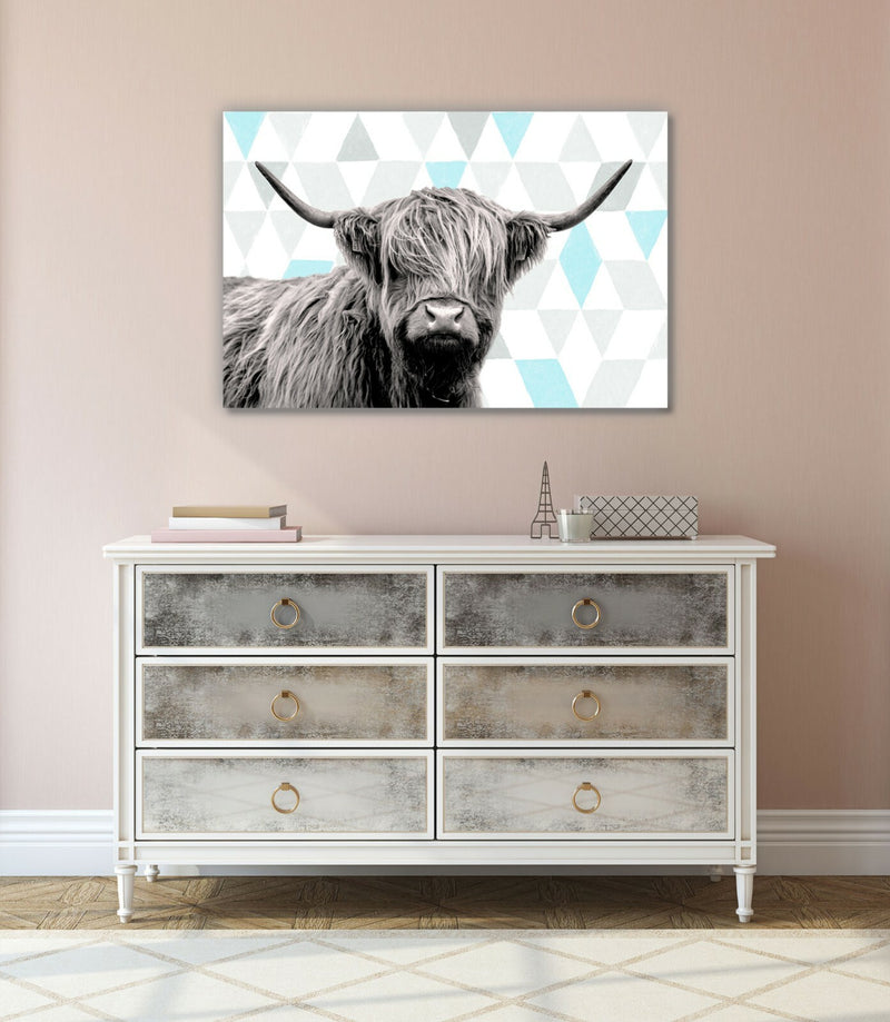 Canvas Wall Art - Highland Cow Turquoise Grey Modern Canvas Print Ready To Hang