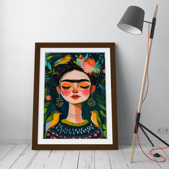 Frida Kahlo Wall Art – Cute Portrait Print With Jungle Wall Decor & Woodgrain Frame