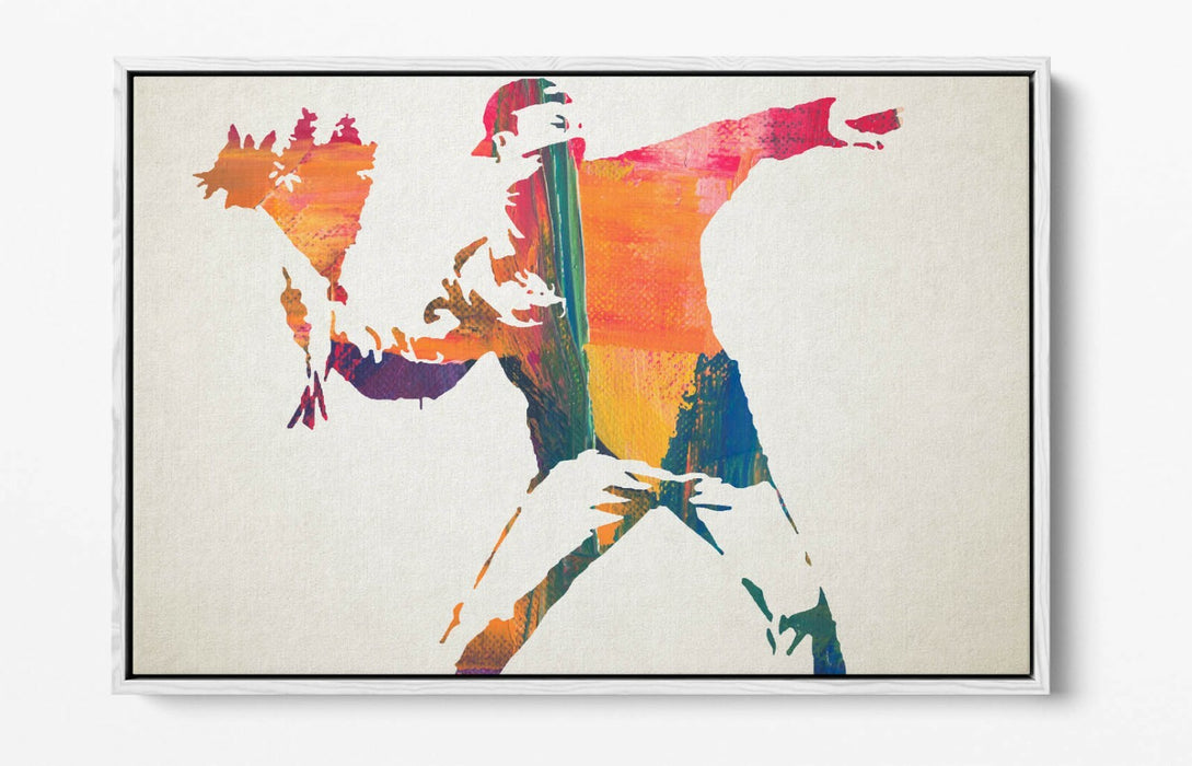 BANKSY, FLOWER THROWER RAINBOW PAINT -FLOAT EFFECT CANVAS WALL ART PRINT