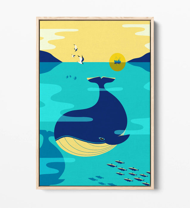 Blue Whale Canvas Art – Minimalist Ocean Wall Decor | Float Effect Canvas Print