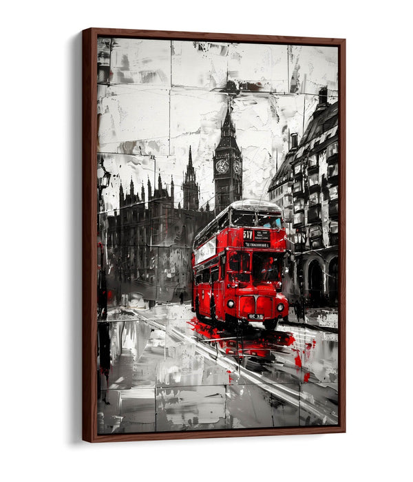 Canvas Wall Art - Black White Cityscape With Red Bus | Float Effect, Handmade UK