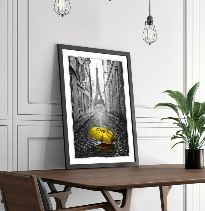 Paris Umbrella Art – Framed Wall Art Black and White Poster with Yellow Umbrella Print