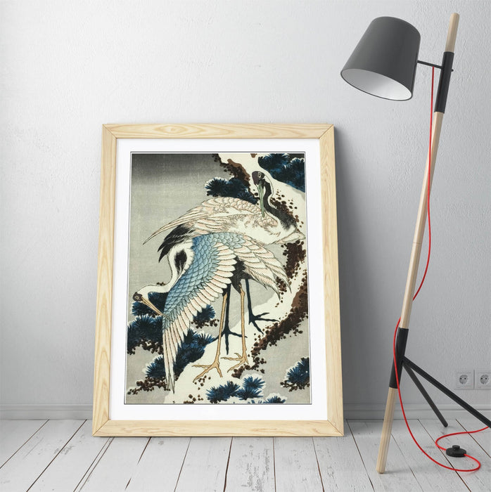Framed Art Poster – Katsushika Hokusai Cranes On Snow Covered Pine Print – Woodgrain Frame