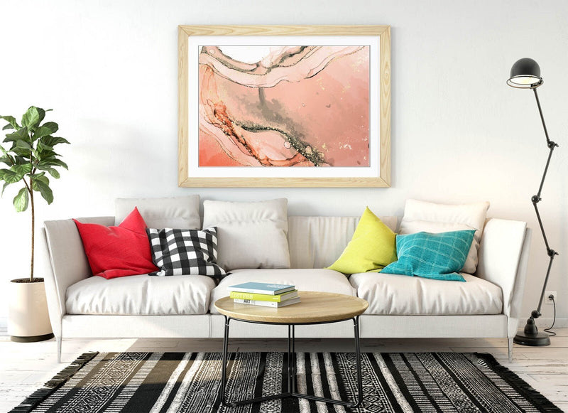 Framed Wall Art - Abstract Marble Print Pink Background With Woodgrain Frame