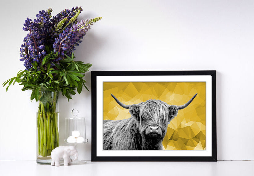 Highland Cow Wall Art – Framed Poster Print With Mustard Yellow Decor
